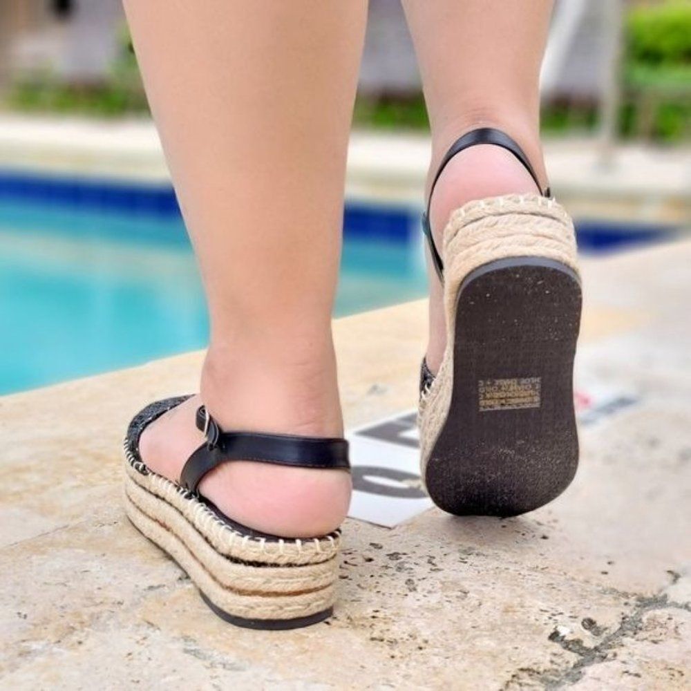 Black Woven Color Espadrille Wedge Sandals Open Toe Faux Leather Women's - Picture 4 of 4